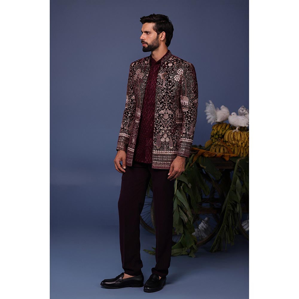 KALPRAAG Wine Velvet Embroidered Kurta with Jacket and Trouser