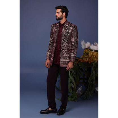 KALPRAAG Wine Velvet Embroidered Kurta with Jacket and Trouser