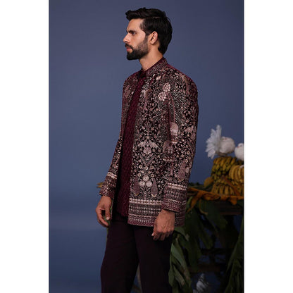 KALPRAAG Wine Velvet Embroidered Kurta with Jacket and Trouser