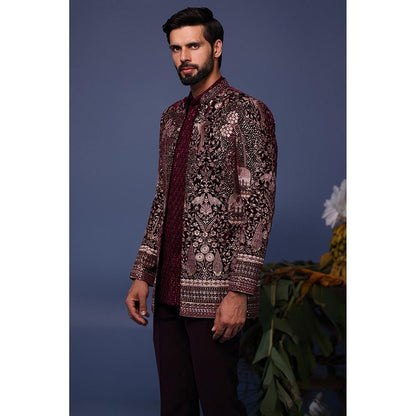 KALPRAAG Wine Velvet Embroidered Kurta with Jacket and Trouser