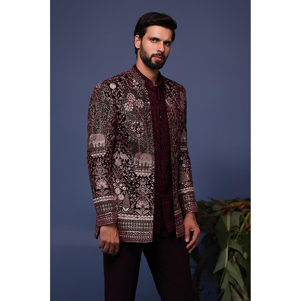 KALPRAAG Wine Velvet Embroidered Kurta with Jacket and Trouser