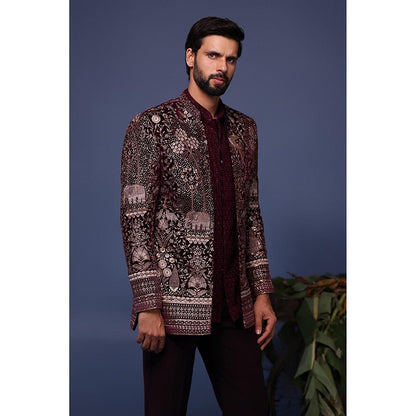 KALPRAAG Wine Velvet Embroidered Kurta with Jacket and Trouser