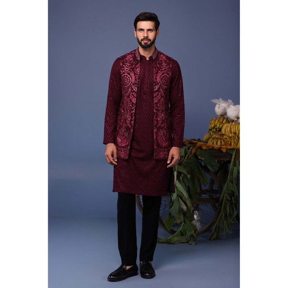 KALPRAAG Maroon Viscose Embroidered Kurta with Jacket and Trouser