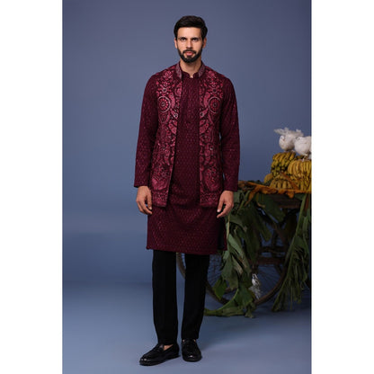 KALPRAAG Maroon Viscose Embroidered Kurta with Jacket and Trouser
