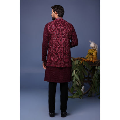 KALPRAAG Maroon Viscose Embroidered Kurta with Jacket and Trouser