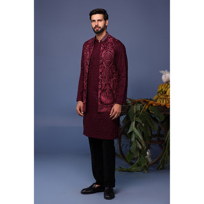 KALPRAAG Maroon Viscose Embroidered Kurta with Jacket and Trouser