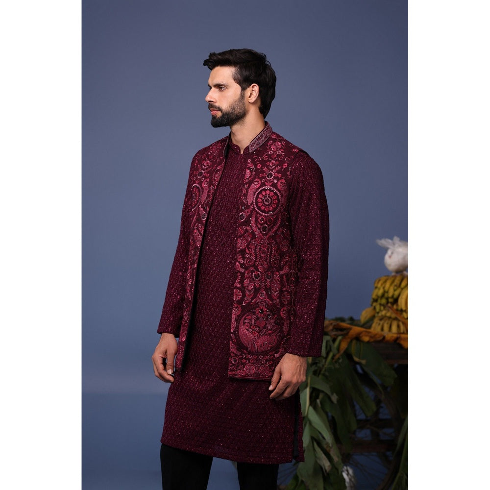KALPRAAG Maroon Viscose Embroidered Kurta with Jacket and Trouser