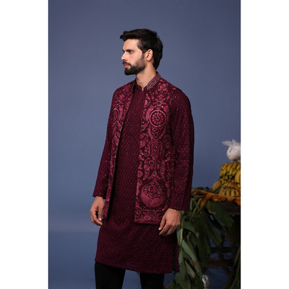 KALPRAAG Maroon Viscose Embroidered Kurta with Jacket and Trouser