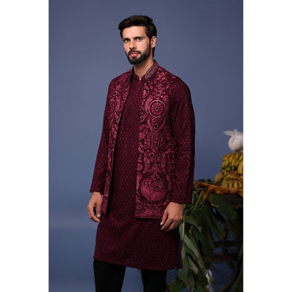 KALPRAAG Maroon Viscose Embroidered Kurta with Jacket and Trouser