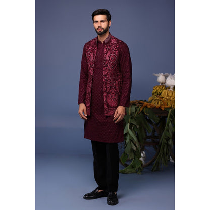 KALPRAAG Maroon Viscose Embroidered Kurta with Jacket and Trouser