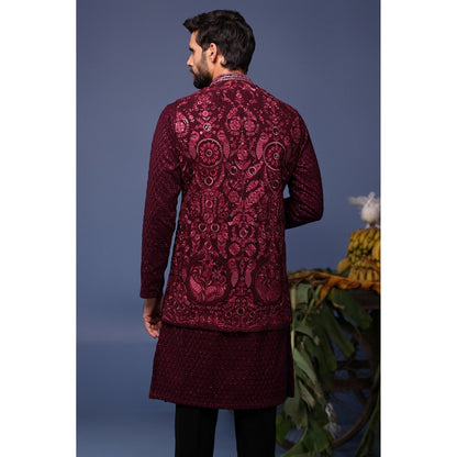 KALPRAAG Maroon Viscose Embroidered Kurta with Jacket and Trouser
