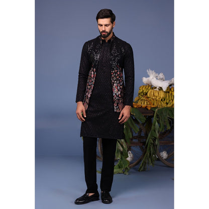 KALPRAAG Black Viscose Embroidered Kurta with Jacket and Trouser