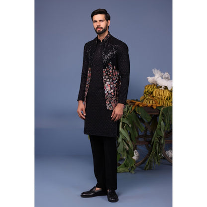 KALPRAAG Black Viscose Embroidered Kurta with Jacket and Trouser