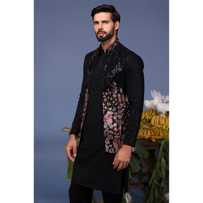 KALPRAAG Black Viscose Embroidered Kurta with Jacket and Trouser