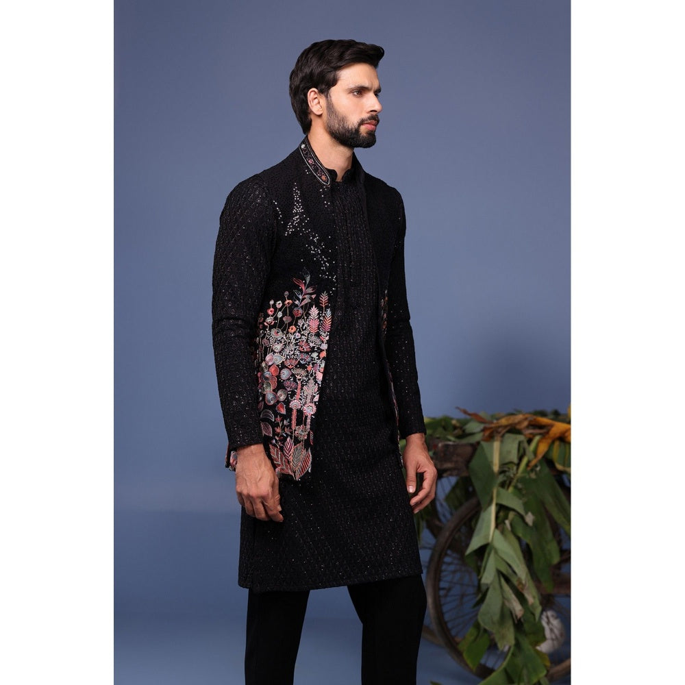 KALPRAAG Black Viscose Embroidered Kurta with Jacket and Trouser