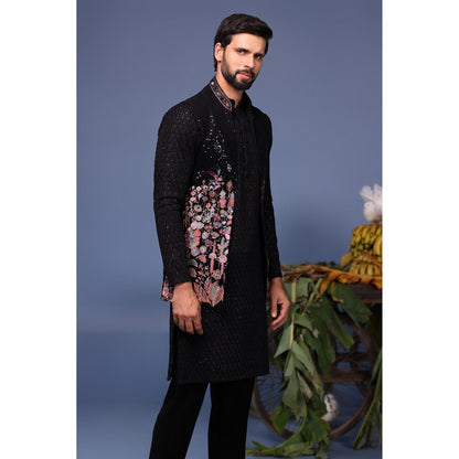 KALPRAAG Black Viscose Embroidered Kurta with Jacket and Trouser