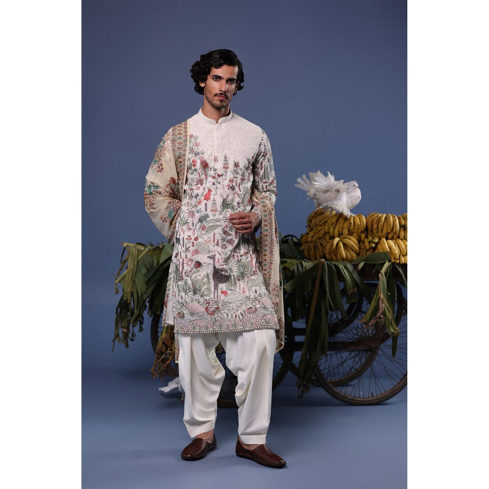 KALPRAAG Ivory Viscose Embroidered Kurta with Salwar and Dupatta