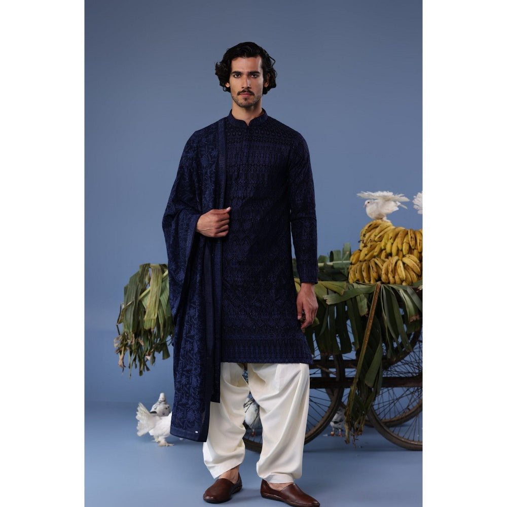KALPRAAG Navy Blue Viscose Embroidered Kurta with Salwar and Dupatta