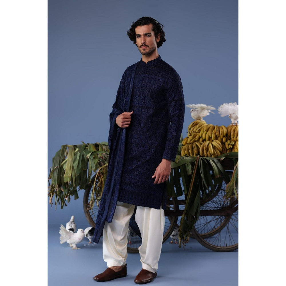 KALPRAAG Navy Blue Viscose Embroidered Kurta with Salwar and Dupatta