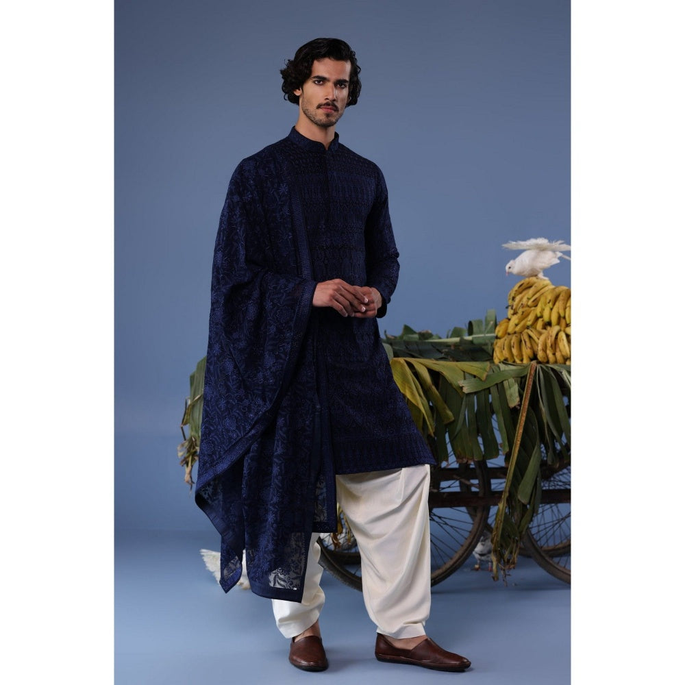 KALPRAAG Navy Blue Viscose Embroidered Kurta with Salwar and Dupatta