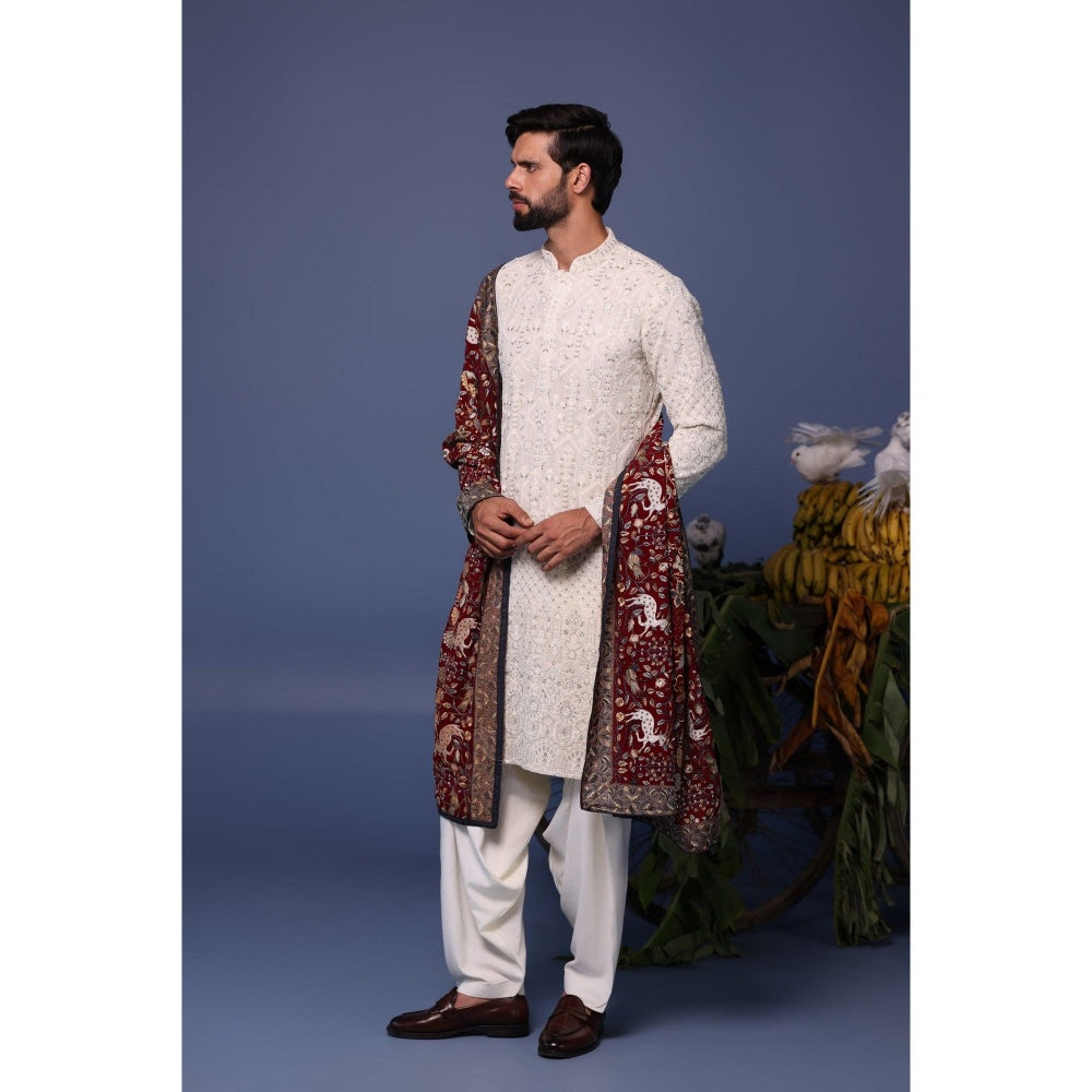 KALPRAAG Ivory Viscose Embroidered Kurta with Salwar and Dupatta