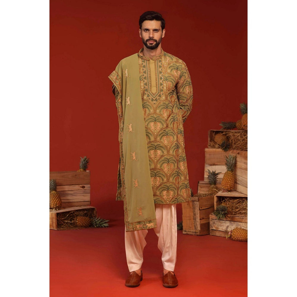 KALPRAAG Anvay Mehandi Green Kurta with Patiala Pant and Dupatta