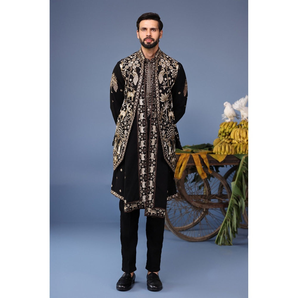 KALPRAAG Black Viscose Embroidered Kurta Jacket Set
