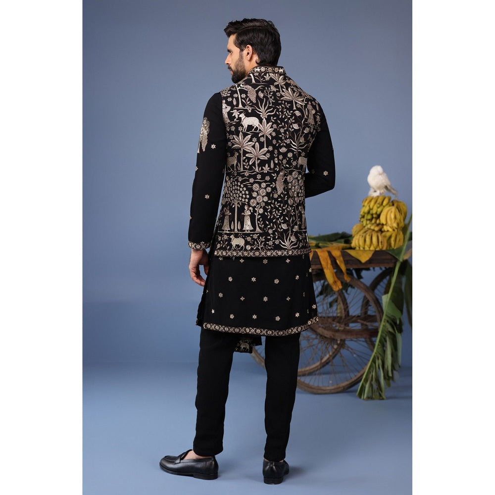 KALPRAAG Black Viscose Embroidered Kurta Jacket Set