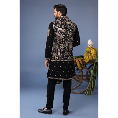 KALPRAAG Black Viscose Embroidered Kurta Jacket Set