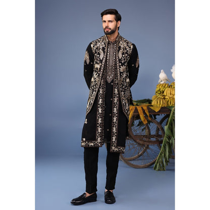 KALPRAAG Black Viscose Embroidered Kurta Jacket Set