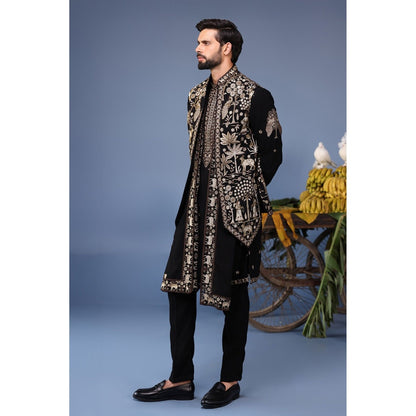 KALPRAAG Black Viscose Embroidered Kurta Jacket Set