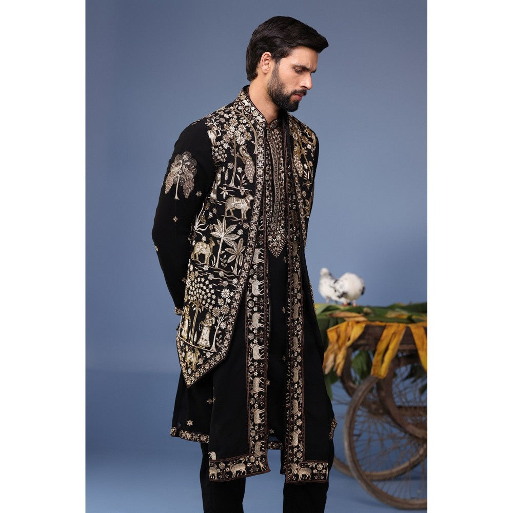 KALPRAAG Black Viscose Embroidered Kurta Jacket Set