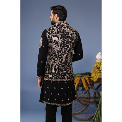 KALPRAAG Black Viscose Embroidered Kurta Jacket Set