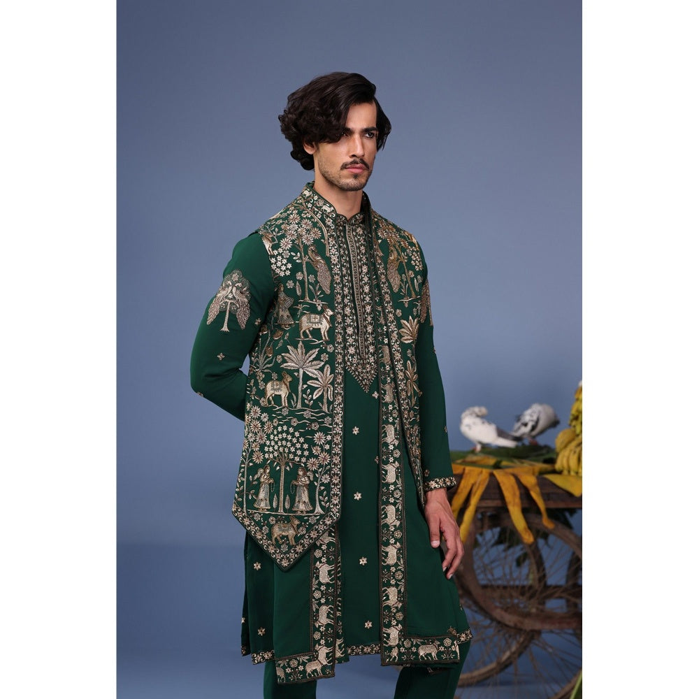 KALPRAAG Green Viscose Embroidered Kurta Jacket Set