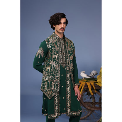 KALPRAAG Green Viscose Embroidered Kurta Jacket Set