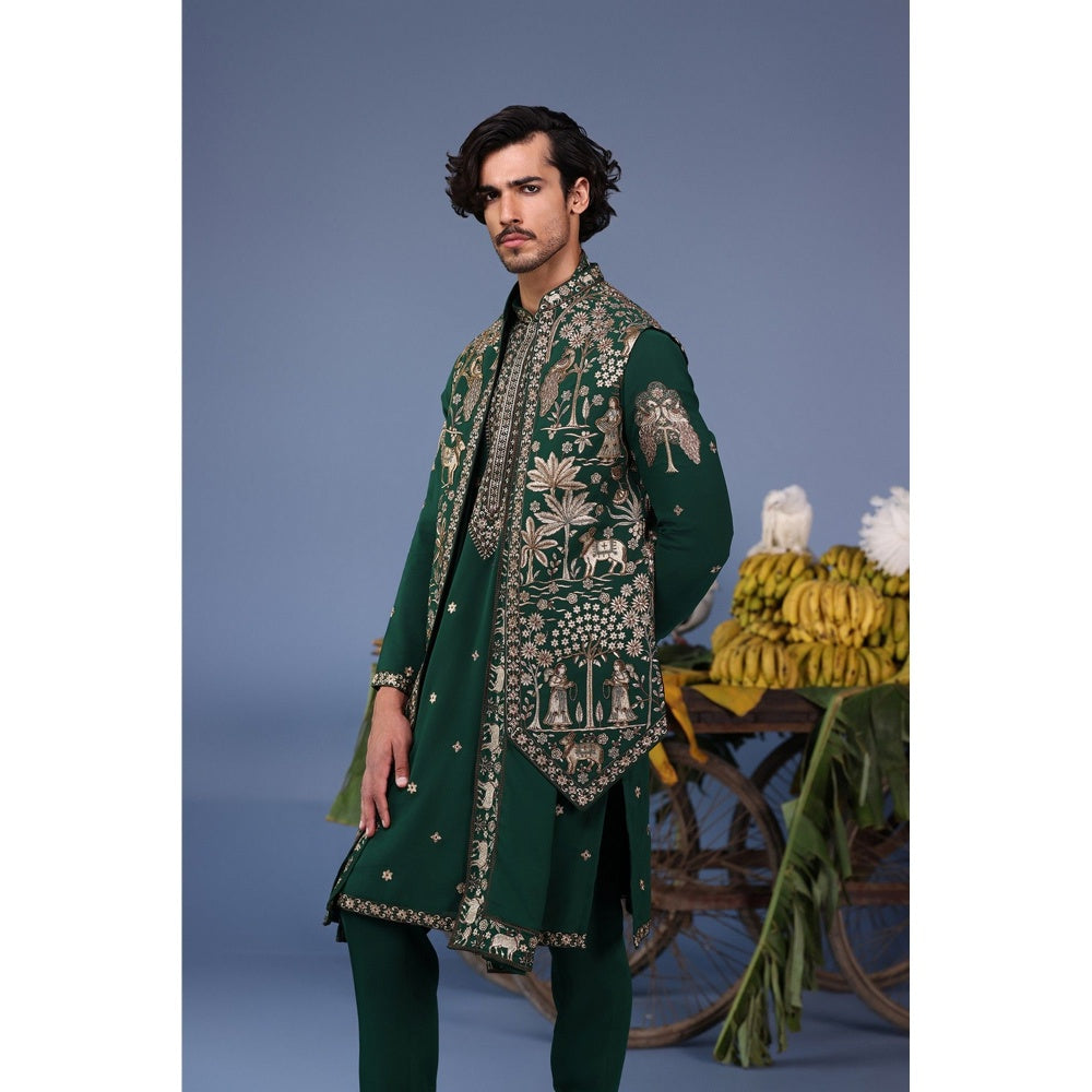 KALPRAAG Green Viscose Embroidered Kurta Jacket Set