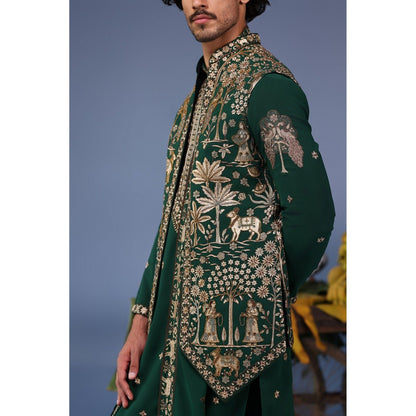 KALPRAAG Green Viscose Embroidered Kurta Jacket Set