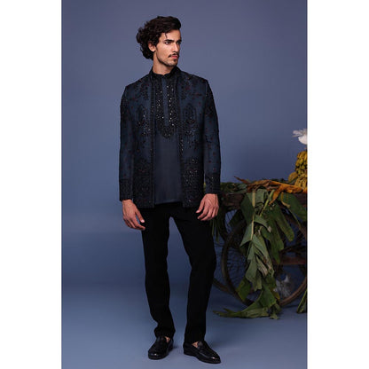 KALPRAAG Navy Blue Silk Embroidered Kurta with Jacket and Trouser