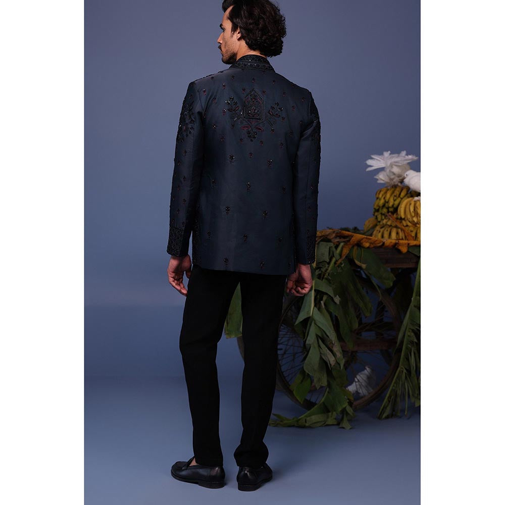 KALPRAAG Navy Blue Silk Embroidered Kurta with Jacket and Trouser