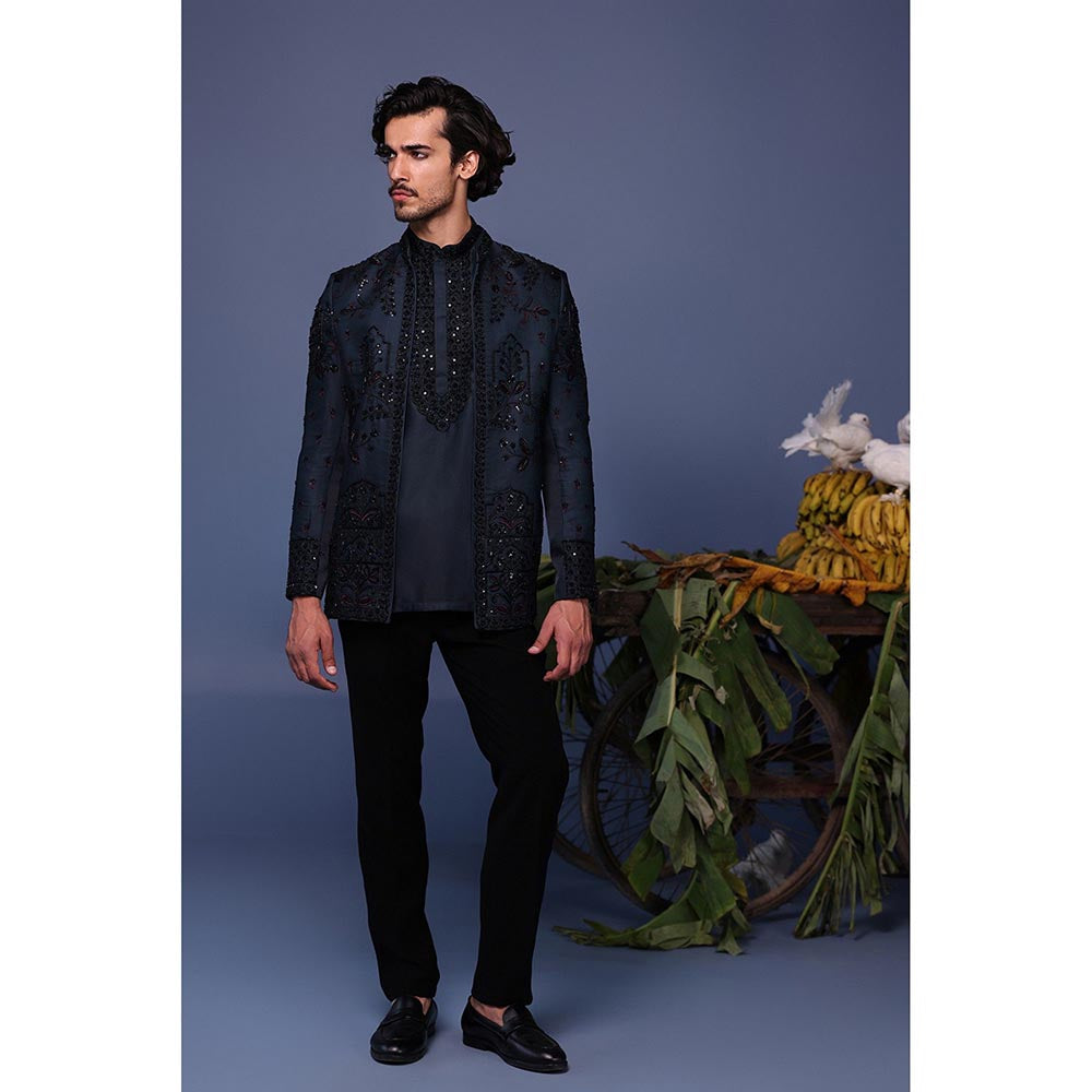 KALPRAAG Navy Blue Silk Embroidered Kurta with Jacket and Trouser