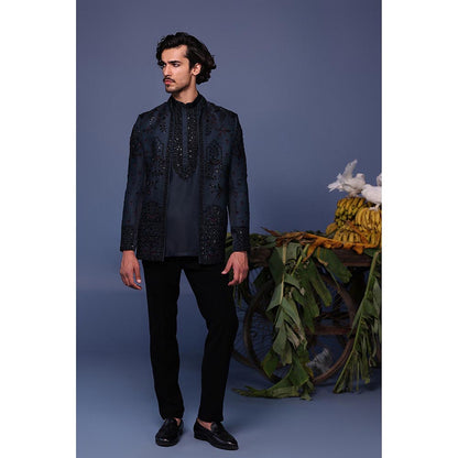 KALPRAAG Navy Blue Silk Embroidered Kurta with Jacket and Trouser