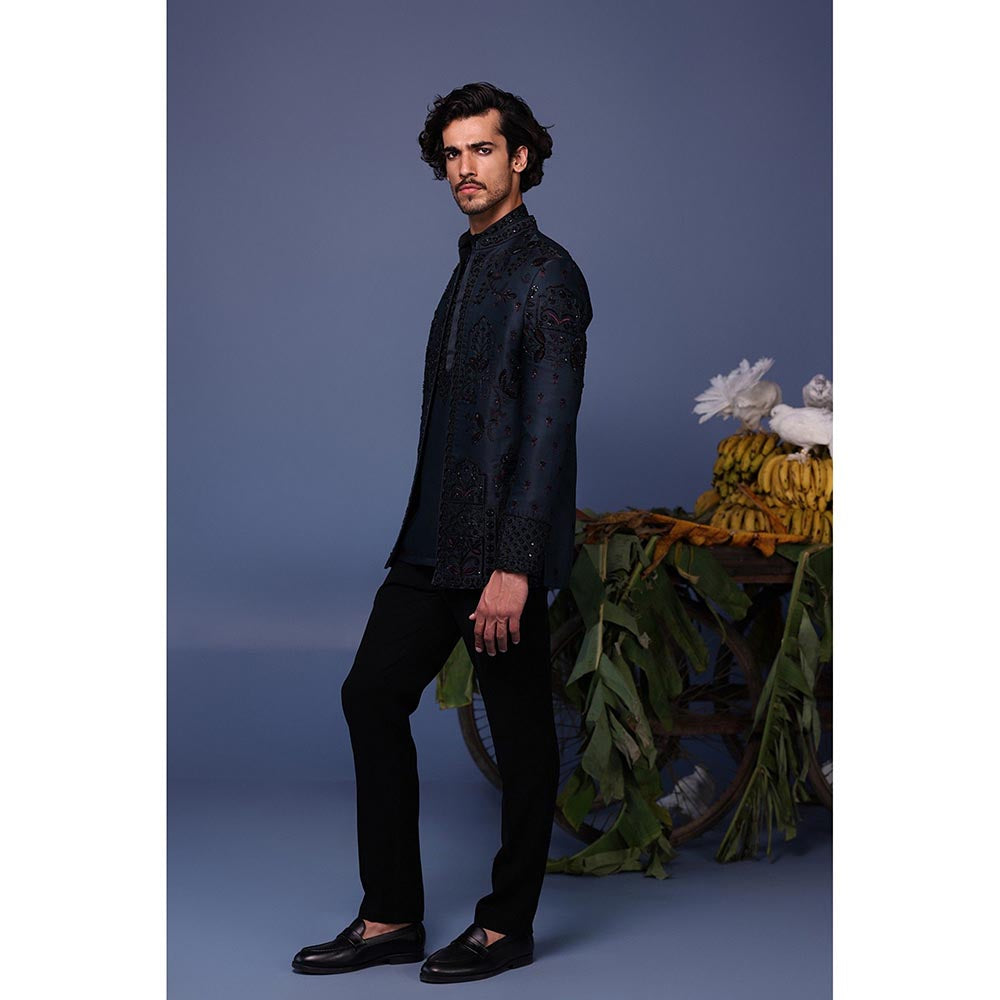 KALPRAAG Navy Blue Silk Embroidered Kurta with Jacket and Trouser