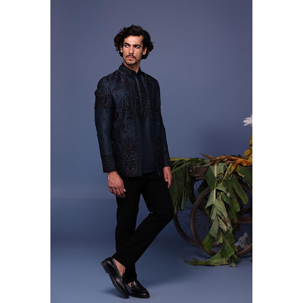 KALPRAAG Navy Blue Silk Embroidered Kurta with Jacket and Trouser