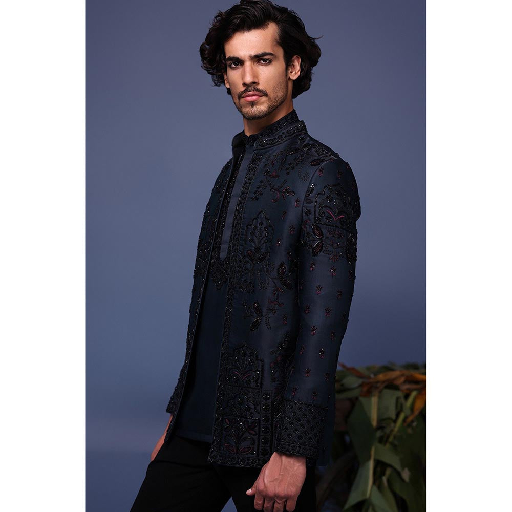 KALPRAAG Navy Blue Silk Embroidered Kurta with Jacket and Trouser