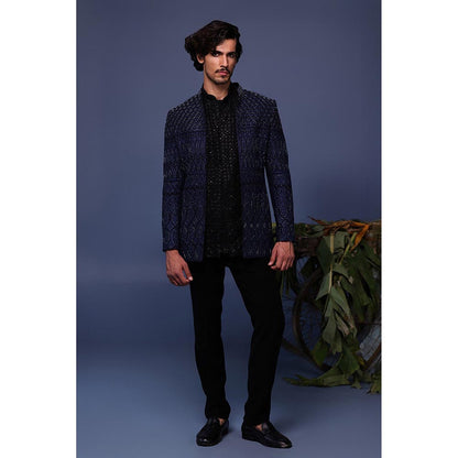 KALPRAAG Navy Blue Silk Embroidered Kurta with Jacket and Trouser