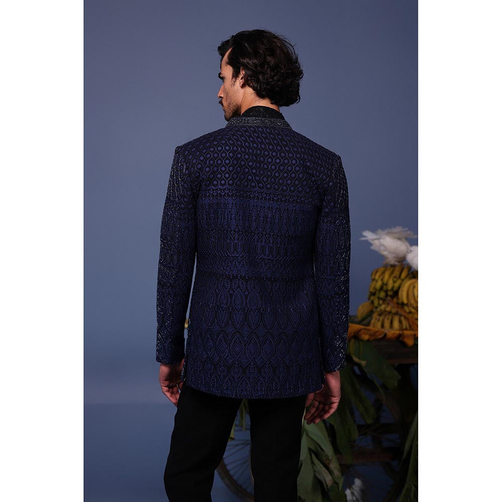 KALPRAAG Navy Blue Silk Embroidered Kurta with Jacket and Trouser