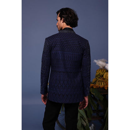 KALPRAAG Navy Blue Silk Embroidered Kurta with Jacket and Trouser