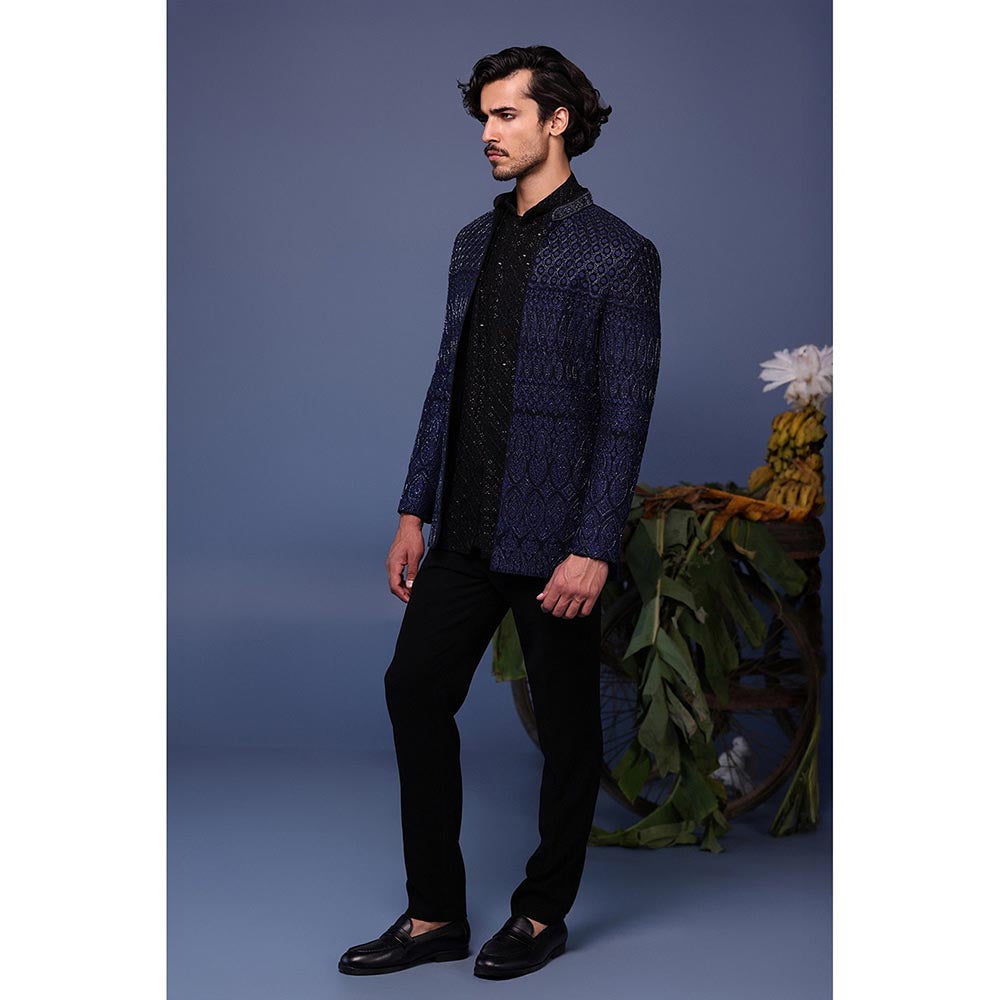 KALPRAAG Navy Blue Silk Embroidered Kurta with Jacket and Trouser