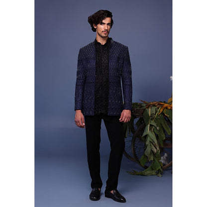 KALPRAAG Navy Blue Silk Embroidered Kurta with Jacket and Trouser
