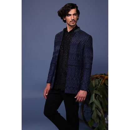 KALPRAAG Navy Blue Silk Embroidered Kurta with Jacket and Trouser